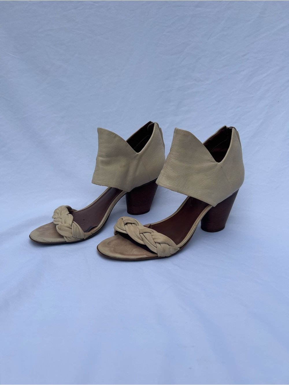 Elizabeth and James Cream Braided Open-Toe Block Heel Sandals